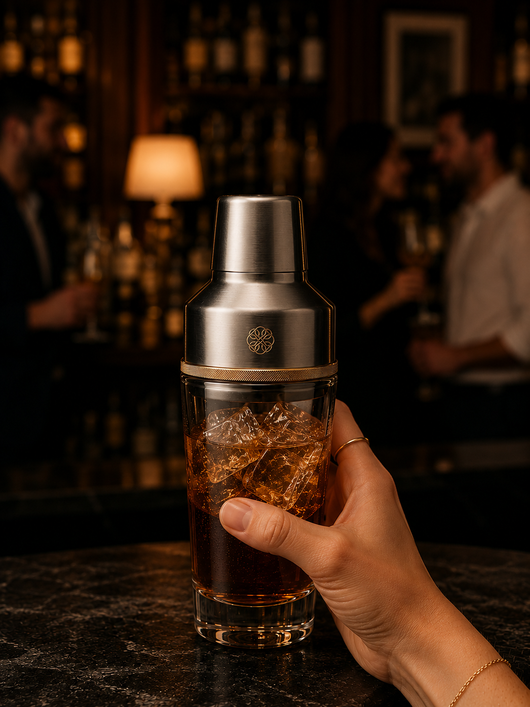 Brushed metal cap and gold trim on a Quartet shaker, dim bar in the background