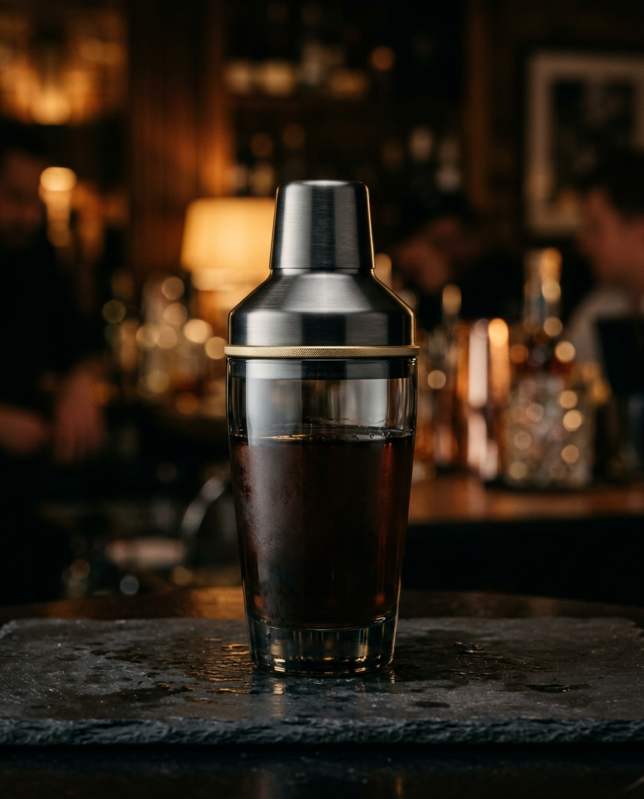Brushed metal cap and gold trim on a Quartet shaker, dim bar in the background