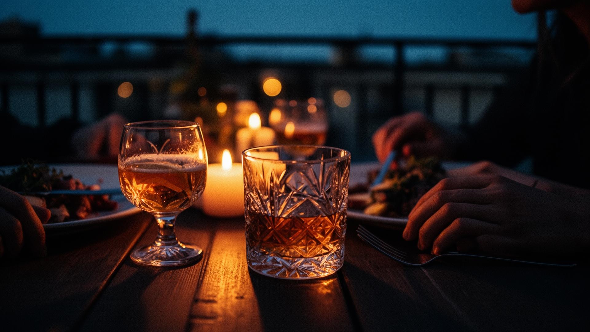 A late evening table with unfinished cocktails, candlelight reflecting in crystal glassware