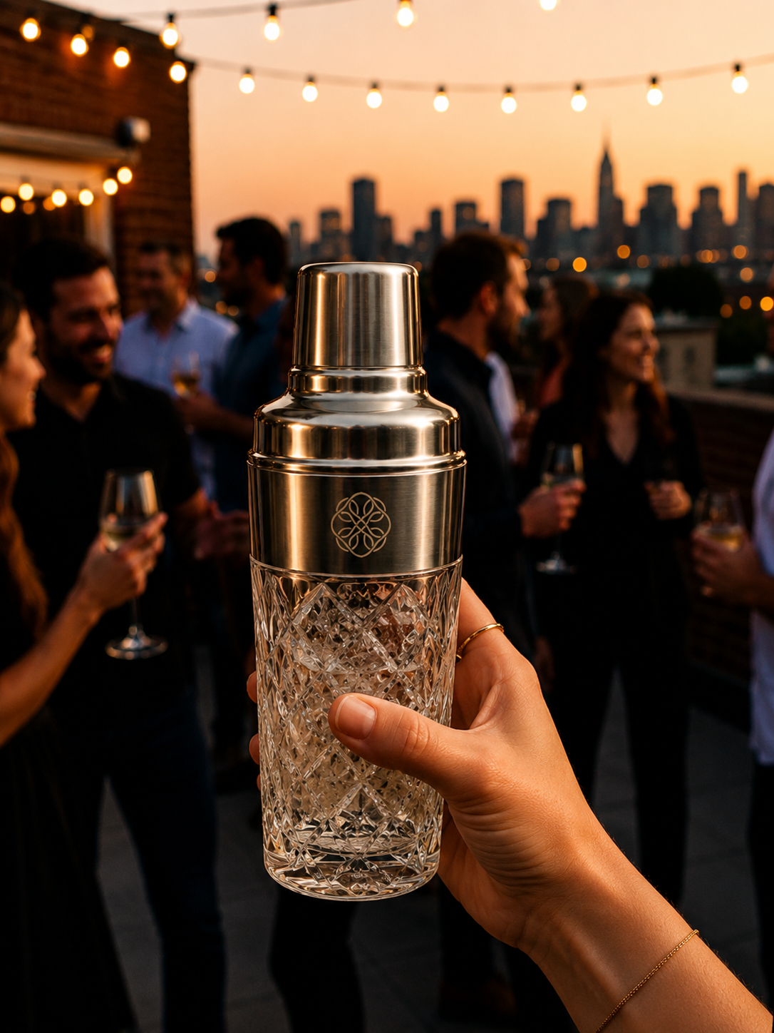 A Quartet shaker raised on a rooftop at dusk, paloma blushing pink against the skyline