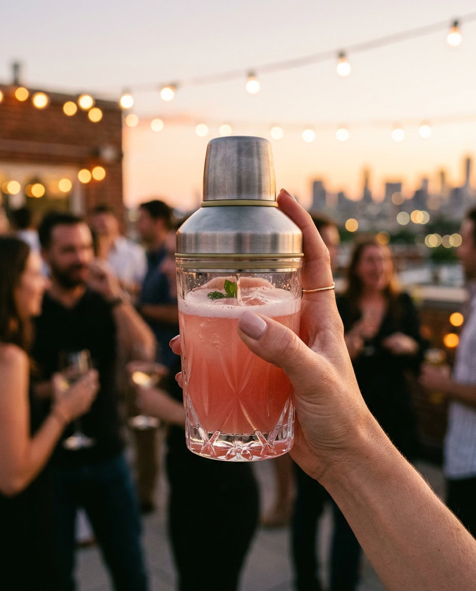 A Quartet shaker raised on a rooftop at dusk, paloma blushing pink against the skyline