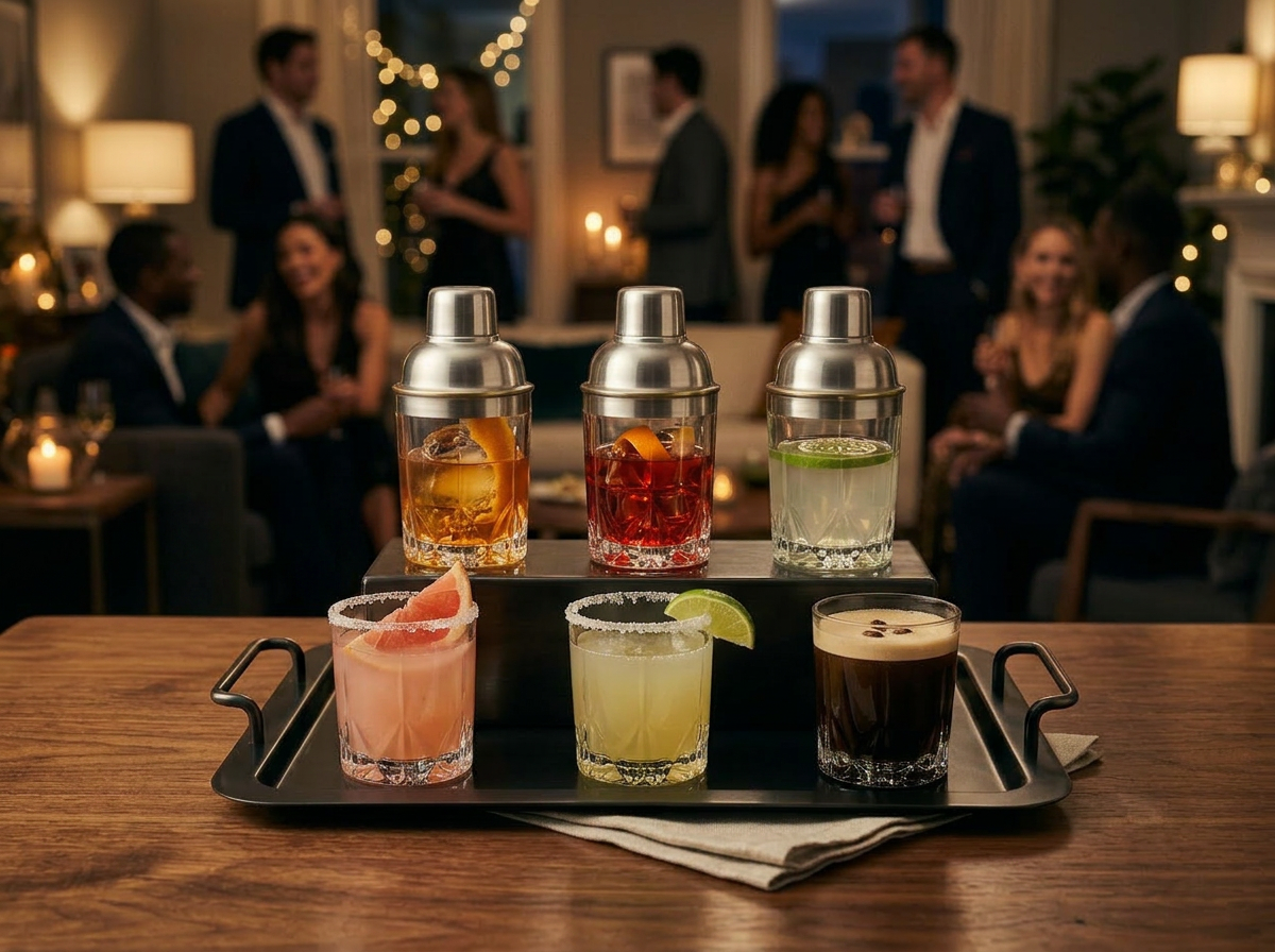 A tray of Quartet shakers and finished cocktails at a candlelit gathering